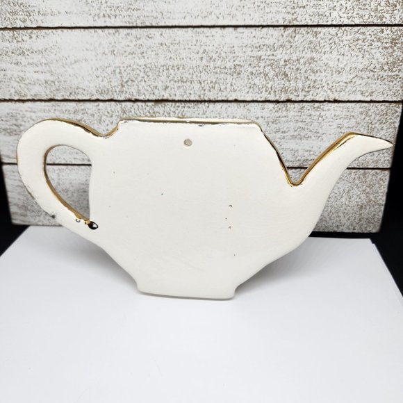 Hand Painted Mid Century Ceramic Teapot Wall Pocket, Blue Flower, Gold Accents - Picture 2 of 9